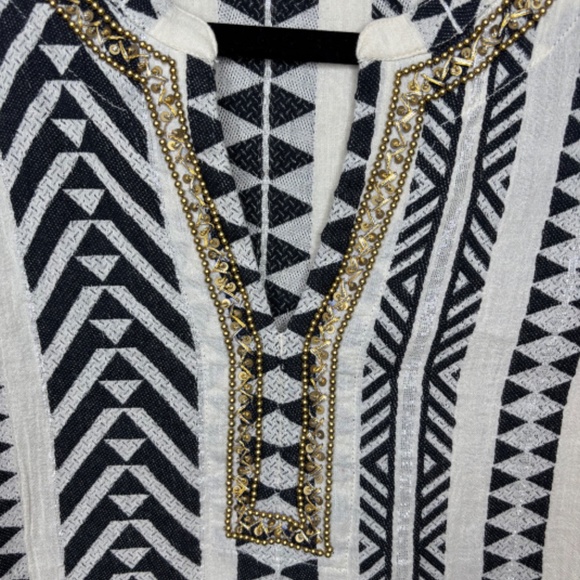 Soft Surroundings Rhea Black Cream Gold Beaded Caftan Dress Women's Size L - Picture 8 of 16